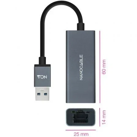 Nanocable Conversor USB 3.0 a Ethernet Gigabit 10/100/1000 Mbps, Aluminio, Gris, 15 cm
